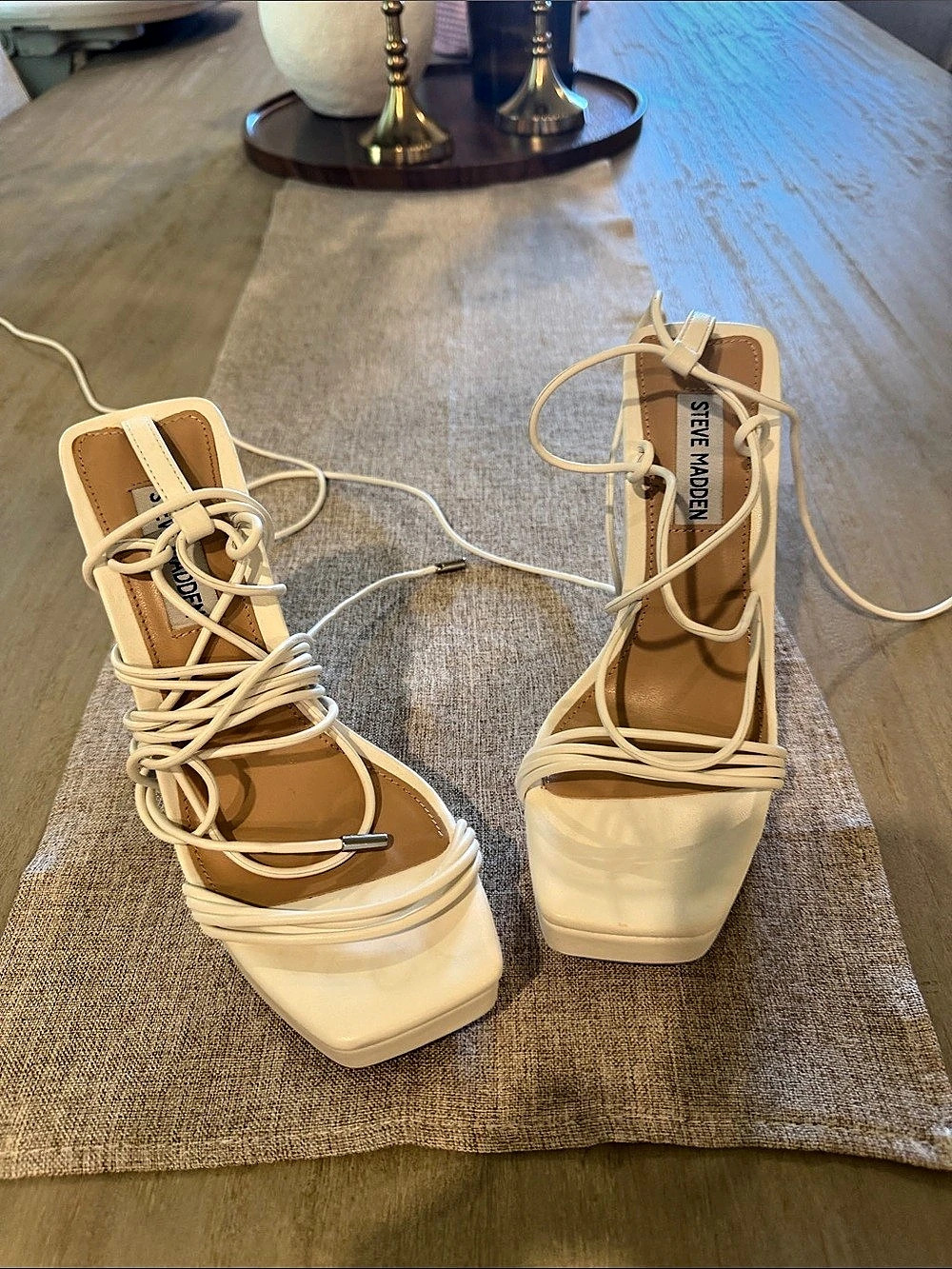 Steve Madden Grade White Lace-Up Heels in Cream